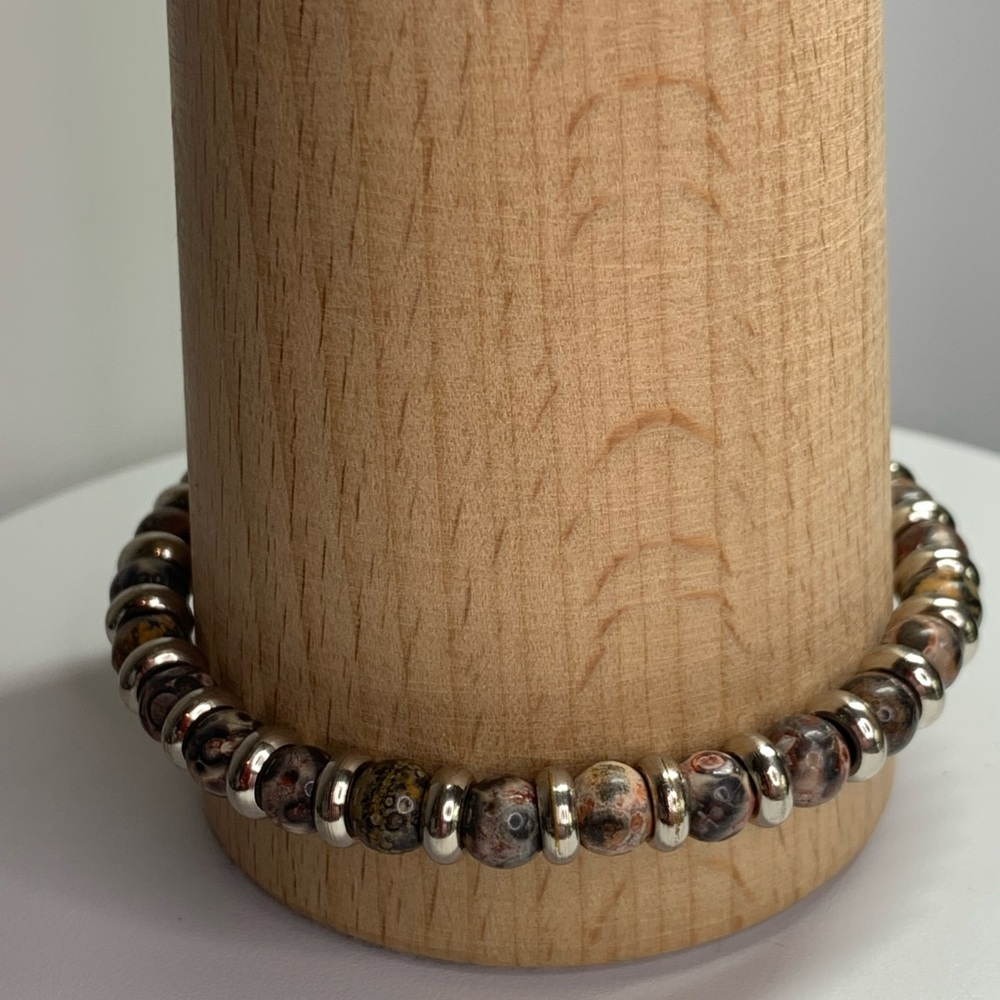 Vintage Sterling Silver & Leopard Jasper 6MM Beaded Bracelet 7-1/2” Long - Picture 5 of 16
